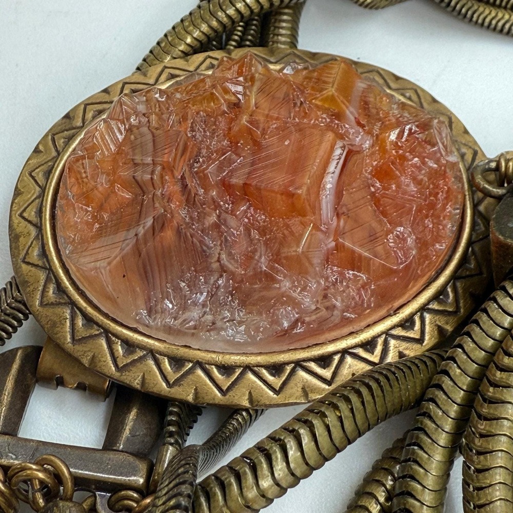 Unique Bronze Multi Snake Chain Orange Acrylic Pendant Necklace Unknown Maker - Picture 15 of 16